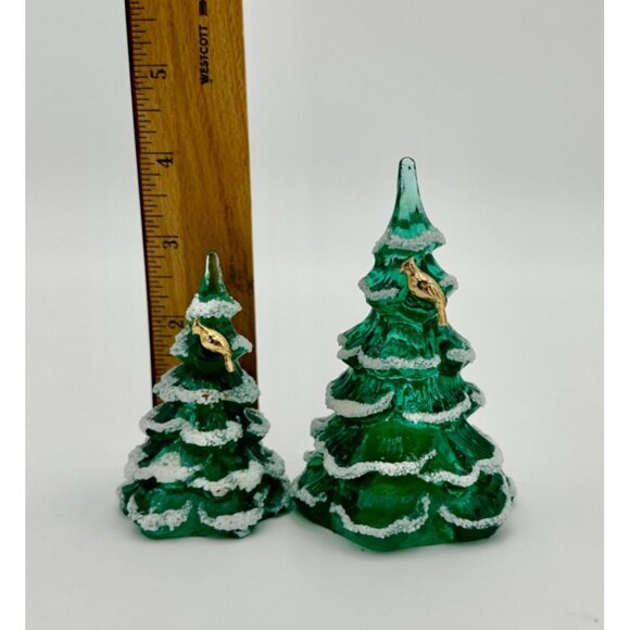Fenton Green Christmas Tree Set 4" Gold Bird  3" With White Snow Accents Glass - Picture 6 of 10